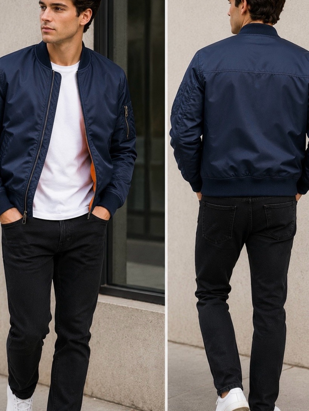 LEVI’s Navy Bomber Jacket with Orange Lining, size Large.